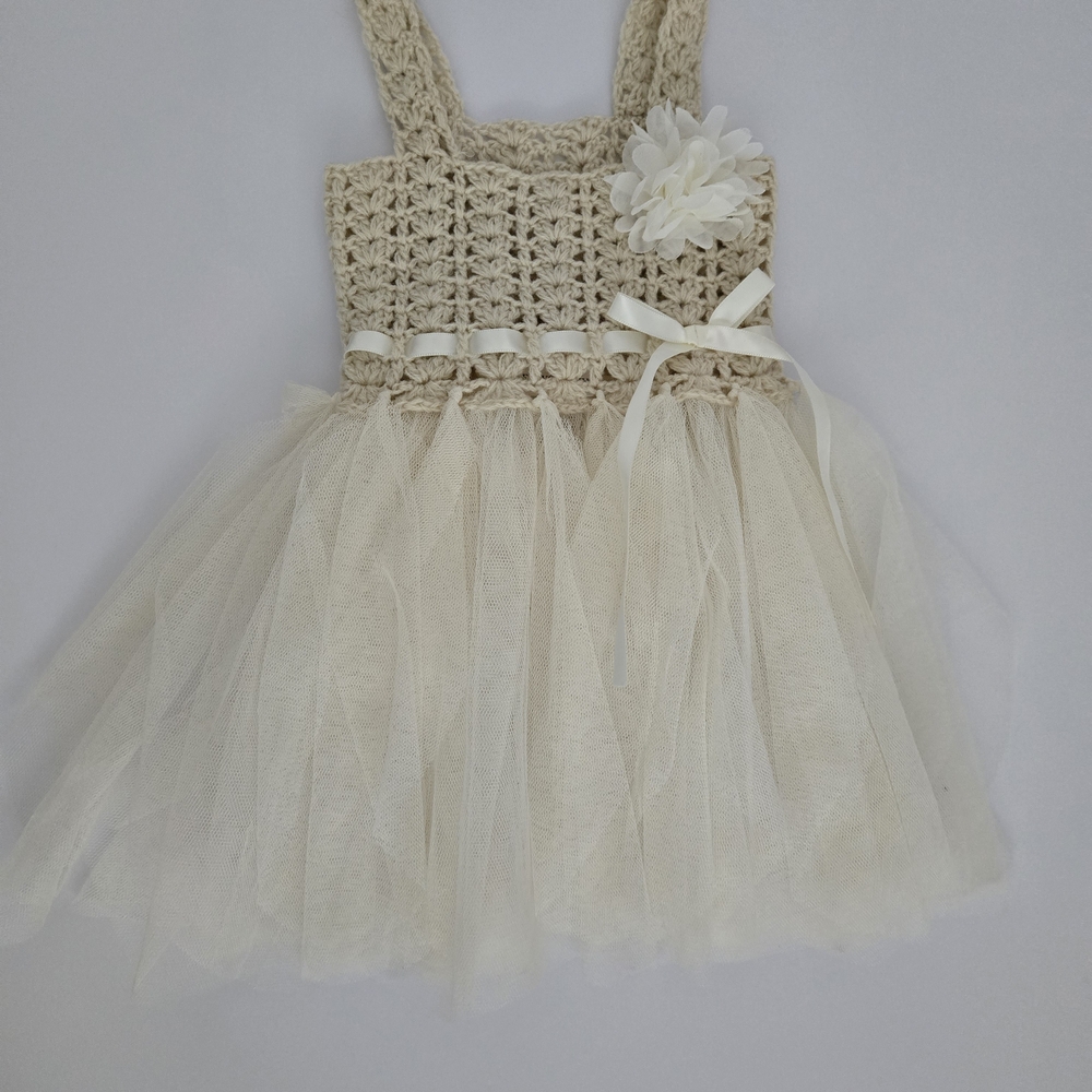 Crochet Tutu Knit Fairy Princess Dress 0-6M IVORY